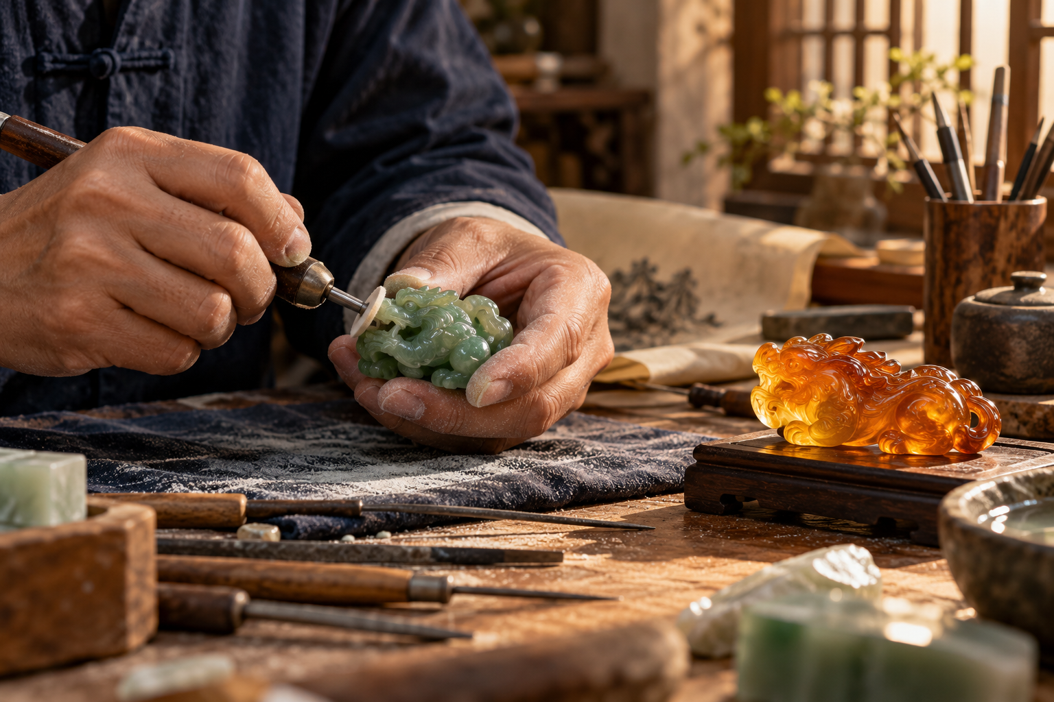 工艺师打磨绿色玉石作品与琥珀色工艺品的概念图